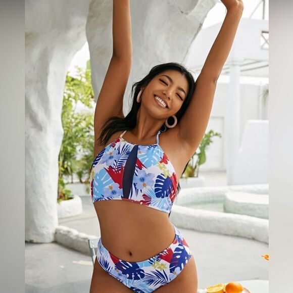 Shein Plus Floral & Tropical Mesh Insert Bikini Swimsuit - Picture 1 of 4